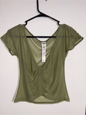 PINK Victoria's Secret Olive Green Ruched Mesh V-Neck Short Sleeve Top